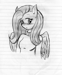 Size: 812x983 | Tagged: safe, artist:stockingstreams, fluttershy, anthro, g4, breasts, clothes, female, grayscale, lined paper, monochrome, solo, sweater, sweatershy, traditional art