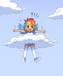 Size: 612x732 | Tagged: safe, artist:hinohimesan, rainbow dash, human, g4, breasts, cloud, cloudy, converse, delicious flat chest, exclamation point, falling, falling through clouds, female, humanized, question mark, shoes, solo, winged humanization