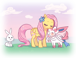 Size: 658x500 | Tagged: safe, artist:hinohimesan, angel bunny, fluttershy, pegasus, pony, sylveon, g4, :<, crossover, cute, eyes closed, flower, flower in hair, pokémon, shyabetes