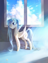 Size: 1665x2200 | Tagged: safe, artist:my-magic-dream, oc, oc only, oc:rain, bandage, cloud, cloudy, smiling, solo, spread wings