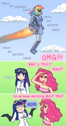 Size: 525x994 | Tagged: safe, artist:hinohimesan, pinkie pie, twilight sparkle, robot, .mov, swag.mov, g4, breasts, busty pinkie pie, busty twilight sparkle, cleavage, comic, female, humanized, jetpack, mad scientist, pony.mov, r-dash 5000, swag, tube top