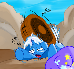 Size: 894x835 | Tagged: source needed, safe, artist:notqwerty, trixie, pony, unicorn, trixie is magic, g4, canyon, female, fight, floppy ears, frown, love, magic, mare, messy mane, open mouth, prone, smiling, solo, trixiebuse, wheel, wheels trixie, wide eyes