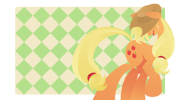 Size: 1920x1080 | Tagged: safe, artist:rariedash, applejack, earth pony, pony, g4, abstract background, cowboy hat, female, hat, hidden eyes, hooves, lineless, mare, open mouth, raised hoof, smiling, solo