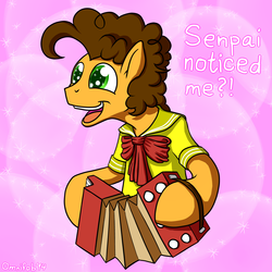 Size: 1280x1280 | Tagged: safe, artist:omnifob, cheese sandwich, g4, accordion, clothes, happy, hoof hold, male, musical instrument, open mouth, school uniform, senpai, senpai noticed me, smiling, solo, sparkles, wingding eyes