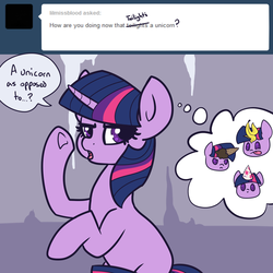 Size: 1200x1200 | Tagged: safe, artist:otterlore, twilight sparkle, pony, unicorn, g4, ask, banana, blank flank, cave, hat, horn, ice cream, ice cream cone, party hat, spiderponyrarity, thought bubble, tumblr