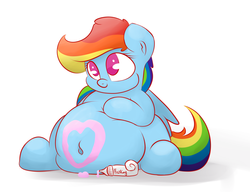 Size: 1500x1154 | Tagged: safe, artist:graphenescloset, rainbow dash, pegasus, pony, g4, adorafatty, belly, belly button, big belly, cute, dashabetes, fat, female, frosting, mare, rainblob dash, simple background, solo, white background