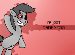 Size: 1002x743 | Tagged: safe, artist:allyster-black, oc, oc only, oc:ares, oc:darkness, pony, banned from equestria daily, fallout sundown, insanity, smiling, solo, waving, ya got