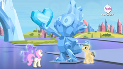 Size: 934x524 | Tagged: safe, screencap, ivory, ivory rook, rubinstein, spike, twinkleshine, crystal pony, pony, unicorn, equestria games, g4, butt, camera, female, hero, hub logo, male, mare, plot, sculpture, spike's statue, stallion, statue