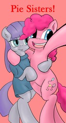 Size: 1000x1846 | Tagged: safe, artist:tunairs, maud pie, pinkie pie, g4, happy, hug, smiling, when she smiles