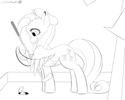 Size: 600x480 | Tagged: safe, artist:spittfireart, fluttershy, g4, blushing, cute, fanfic art, female, golf, hat, monochrome, puttershy, smiling, solo, tongue out, wing hold