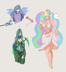 Size: 2321x2518 | Tagged: safe, artist:sundown, princess celestia, princess luna, queen chrysalis, human, g4, badass, barefoot, black lipstick, blood, breasts, busty princess celestia, busty queen chrysalis, clothes, feet, female, glowing eyes, hair over one eye, high res, holes, horn, horned humanization, humanized, injured, kama, lipstick, magic, scythe, skirt, smiling, sword, weapon, wide hips, winged humanization