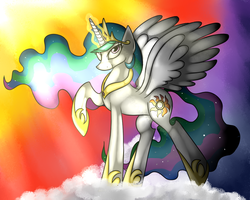Size: 1000x800 | Tagged: safe, artist:nif-t, princess celestia, g4, crepuscular rays, female, looking at you, magic, raised hoof, solo, standing