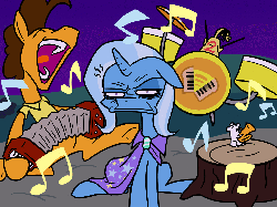 Size: 1280x960 | Tagged: safe, artist:grandpalove, boneless, boneless 2, cheese sandwich, trixie, mouse, ask trixie and cheese, g4, accordion, animated, annoyed, drum kit, drums, grumpy, humphrey the tuba playing mouse, musical instrument, tuba, unamused