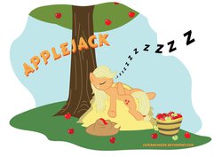 Size: 1063x751 | Tagged: safe, artist:leirbagahcor, applejack, g4, alternate hairstyle, apple, apple tree, basket, bushel basket, female, hay, simple background, sleeping, solo, tree, vector, white background