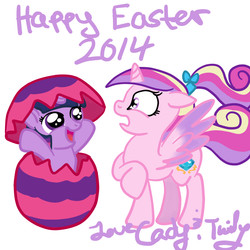 Size: 1000x1000 | Tagged: safe, artist:kuromi, princess cadance, twilight sparkle, g4, easter, filly, teen princess cadance, tumblr