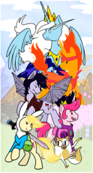 Size: 1300x2400 | Tagged: safe, artist:fuutachimaru, alicorn, bat pony, pony, unicorn, vampire, adventure time, cake the cat, female, fionna the human, flame prince, ice queen, male, marshall lee, ponified, prince gumball, rule 63