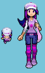 Size: 1100x1790 | Tagged: safe, artist:shadowthezoroark, twilight sparkle, human, g4, belt, clothes, hat, humanized, pixel art, pokémon, socks, sprite, striped socks, thigh highs