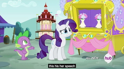 Size: 1280x719 | Tagged: safe, screencap, rarity, spike, g4, inspiration manifestation, barrel, cloud, cloudy, crying, foal and filly fare, hill, hub logo, jewelry, meme, outdoors, ponyville, puppet theater, rejection, ribbon, rose, tent, town hall, tree, vase, youtube caption