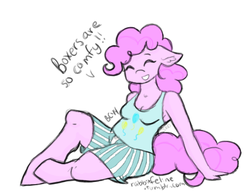 Size: 475x365 | Tagged: safe, artist:bunnycat, pinkie pie, earth pony, anthro, unguligrade anthro, g4, boxers, chubby, clothes, fact, female, happy, hooves, sitting, smiling, solo, tank top, underwear
