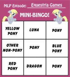 Size: 461x510 | Tagged: safe, derpy hooves, pegasus, pony, equestria games, g4, my little pony: friendship is magic, female, mare, mini-bingo, sitting, tail, text