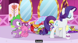 Size: 1280x719 | Tagged: safe, screencap, rarity, spike, g4, inspiration manifestation, carousel boutique, clothes, hub logo, meme, mirror, youtube caption