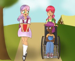 Size: 900x733 | Tagged: safe, artist:picklepiecow, apple bloom, scootaloo, sweetie belle, human, g4, cutie mark crusaders, dark skin, humanized, wheelchair