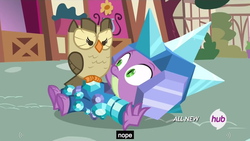 Size: 1279x719 | Tagged: safe, screencap, owlowiscious, spike, g4, inspiration manifestation, armor, crystal armor, frown, glare, hub logo, meme, nope, on back, outdoors, ponyville, reaction image, surprisingly appropriate caption, wide eyes, youtube caption