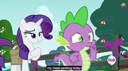 Size: 1280x719 | Tagged: safe, screencap, rarity, spike, g4, inspiration manifestation, bells, fence, hub logo, meme, outdoors, ponyville, ribbon, youtube caption