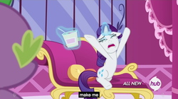 Size: 1280x719 | Tagged: safe, screencap, rarity, spike, g4, inspiration manifestation, carousel boutique, crying, curtains, fainting couch, hub logo, ice cream, magic, meme, window, youtube caption