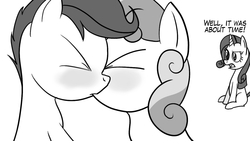 Size: 1280x720 | Tagged: safe, artist:darkenthepony, rarity, scootaloo, sweetie belle, pony, g4, blushing, female, kiss on the lips, kissing, lesbian, monochrome, ship:scootabelle, shipping