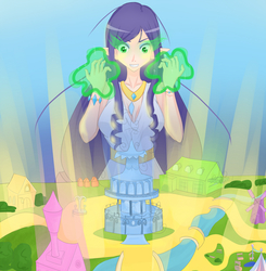 Size: 1500x1533 | Tagged: safe, artist:jonfawkes, rarity, human, g4, inspiration manifestation, elf ears, female, gold, golden road, humanized, inspirarity, ponyville town hall, possessed, solo, unicorns as elves