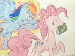 Size: 1034x772 | Tagged: safe, artist:thefriendlyelephant, daring do, pinkie pie, rainbow dash, earth pony, pegasus, pony, g4, about to get pwnyd, angry, book, duo, fire, traditional art