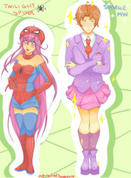 Size: 766x1042 | Tagged: safe, artist:orbitalswan, twilight sparkle, human, g4, blushing, clothes swap, crossdressing, crossover, crossover shipping, humanized, male, peter parker, spider-man, spidertwi