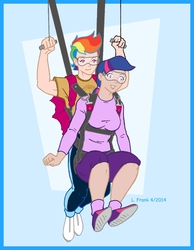 Size: 700x900 | Tagged: safe, artist:wom-bat, rainbow dash, twilight sparkle, human, g4, air ponyville, flying, goggles, humanized, implied twidash, parachute, skydiving