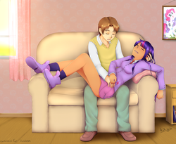 Size: 2300x1884 | Tagged: safe, artist:risukurosaki, pinkie pie, rarity, twilight sparkle, human, spiders and magic: rise of spider-mane, g4, ass, butt, couch, crossover, crossover shipping, humanized, lying down, male, on back, peter parker, picture frame, sleeping, spider-man, spidertwi