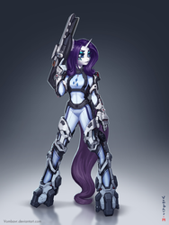 Size: 3000x4000 | Tagged: safe, artist:vombavr, edit, rarity, anthro, unguligrade anthro, g4, armor, female, gun, powered exoskeleton, rifle, science fiction, solo, tribes ascend, trigger discipline