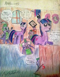 Size: 1577x2048 | Tagged: safe, artist:xulious, spike, twilight sparkle, g4, comic, siri, traditional art