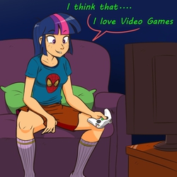 Size: 945x945 | Tagged: safe, artist:megasweet, twilight sparkle, human, g4, a twilight landing, clothes, controller, couch, eyebrows, eyebrows visible through hair, fanfic art, fanfic cover, female, gamer girl, hilarious in hindsight, human coloration, humanized, kneesocks, lip bite, madverse, male, multicolored hair, purple eyes, shorts, socks, solo, spider-man, t-shirt, talking, television, tomboy, video game, xbox 360, xbox 360 controller, xbox controller