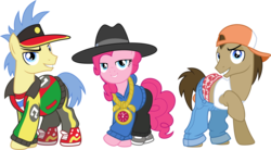 Size: 14491x8000 | Tagged: safe, artist:chainchomp2, doctor whooves, goldengrape, pinkie pie, red delicious, sir colton vines iii, time turner, earth pony, pony, g4, testing testing 1-2-3, .svg available, absurd resolution, apple family member, boxers, cap, clothes, female, hat, jacket, jeans, looking at you, male, mare, necklace, rap, rapper, rapper pie, sagging, shoes, simple background, sneakers, stallion, tank top, transparent background, underwear, vector, visor