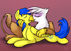 Size: 1240x882 | Tagged: safe, artist:meggchan, gilda, oc, oc:orion, griffon, pegasus, pony, g4, canon x oc, gildarion, griffon x pony, interspecies, kissing, male, prone, shipping, stallion, straight