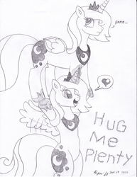 Size: 2552x3308 | Tagged: safe, artist:mc-ryan, princess luna, alicorn, pony, g4, bipedal, female, heart, high res, hug, monochrome, s1 luna, solo