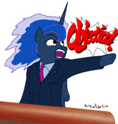 Size: 1675x1760 | Tagged: safe, artist:xulious, princess luna, g4, ace attorney, crossover, female, objection, phoenix wright, simple background, solo, transparent background