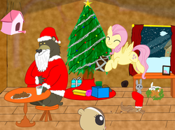 Size: 2048x1523 | Tagged: dead source, safe, artist:xulious, angel bunny, fluttershy, harry, bear, pegasus, pony, g4, ^^, christmas, christmas stocking, christmas tree, clothes, cookie, costume, eyes closed, food, hat, hearth's warming eve, holiday, milk, present, santa costume, santa hat, snow, snowfall, tree