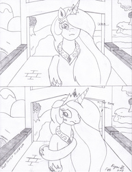 Size: 2552x3304 | Tagged: safe, artist:mc-ryan, princess celestia, alicorn, pony, g4, 2 panel comic, bridge, cute, cutelestia, high res, monochrome, shy, standing