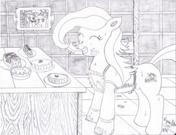 Size: 3316x2552 | Tagged: safe, artist:mc-ryan, oc, oc only, oc:cherry gourmet, apron, baking, cake, cherry pony, clothes, dessert, food, gloves, high res, monochrome, picture, pie, squee