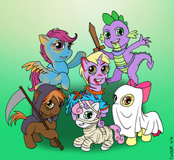 Size: 932x857 | Tagged: safe, artist:leiladrake, apple bloom, button mash, dinky hooves, scootaloo, spike, sweetie belle, ghost, windigo, zombie, zombie pony, g4, bandage, bedsheet ghost, clothes, costume, cutie mark crusaders, fantasy class, grim reaper, ketchup, knight, mane six opening poses, mummy, nightmare night, scythe, sheet, sleep deprivation, sword, warrior, wooden sword