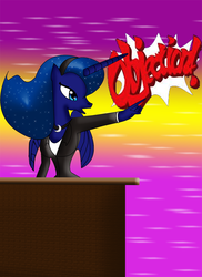 Size: 900x1237 | Tagged: safe, artist:odiz, princess luna, anthro, g4, ace attorney, crossover, female, objection, phoenix wright, solo