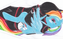 Size: 407x255 | Tagged: artist needed, safe, rainbow dash, human, g4, human on pony snuggling, incorrect leg anatomy, snuggling