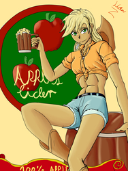 Size: 768x1024 | Tagged: safe, artist:kaji68, applejack, human, g4, abs, barrel, cider, female, humanized, midriff, sitting, solo