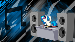 Size: 2560x1440 | Tagged: safe, artist:huskyfan, artist:m99moron, edit, dj pon-3, vinyl scratch, pony, unicorn, g4, abstract background, cutie mark, eyes closed, female, glasses, mare, music notes, solo, sunglasses, turntable, vector, wallpaper, wallpaper edit